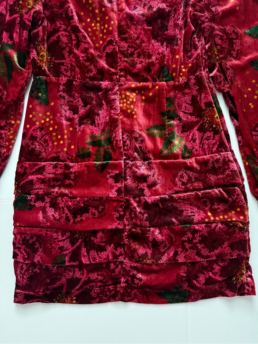 Farm Rio Red Shiny Flowers Velvet Mini Dress Medium Deep V Neck Ruched⁠ - Picture 12 of 16